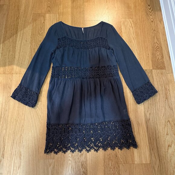 Free People Linen/Cotton Charcoal Gray Dress w/Embroidered Trim Size L - Picture 2 of 16